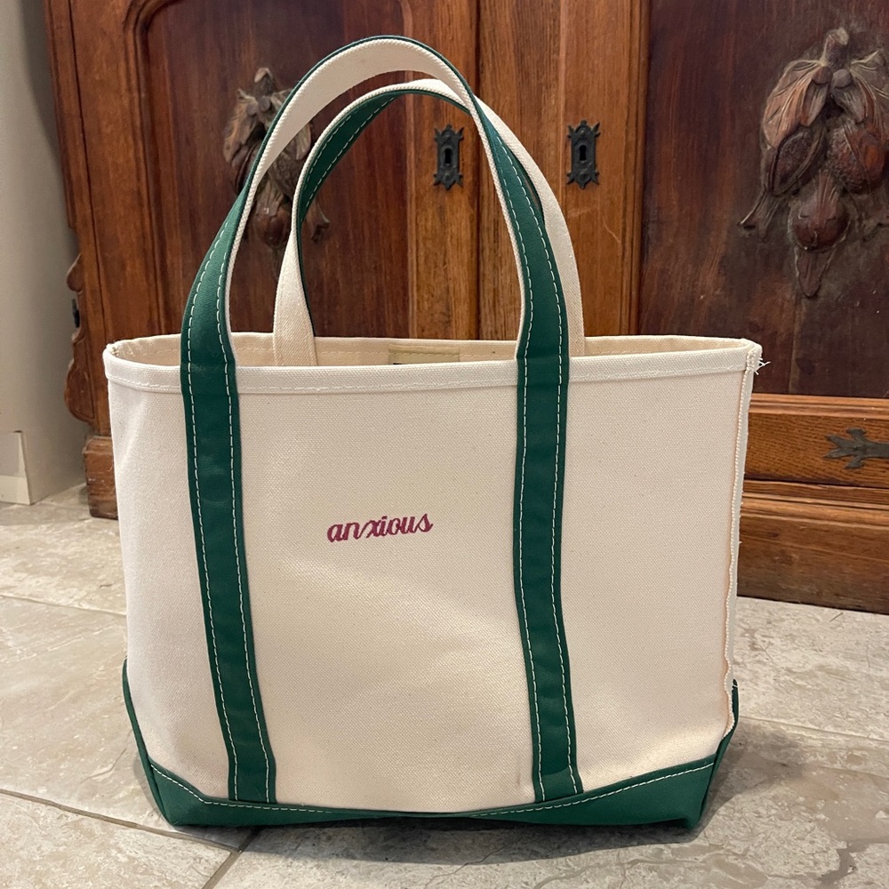 L.L. Bean Boat and Tote | Ironic “Anxious” Monogram Tote Bag | Green Straps